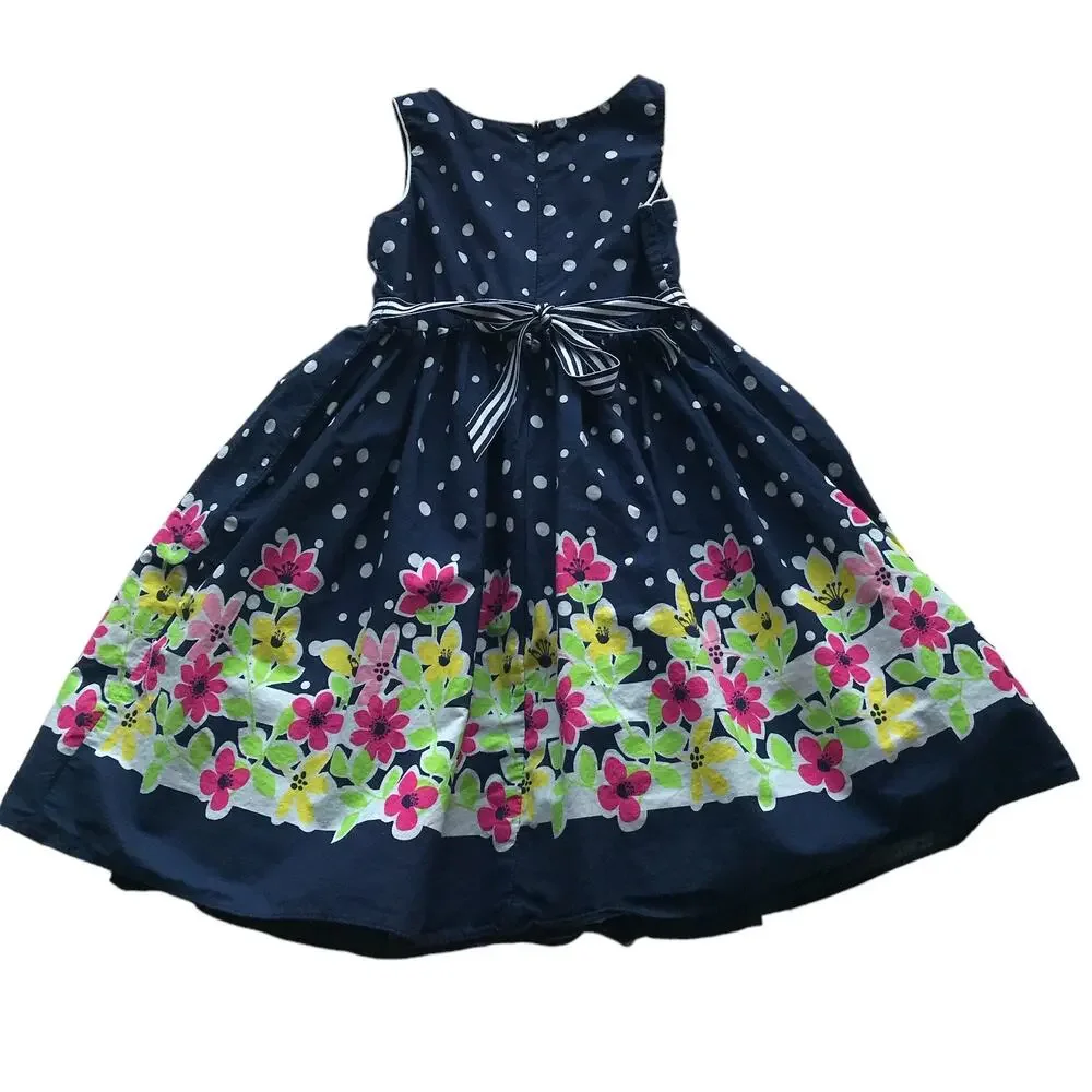 Youngland Dress Navy Blue Floral Polka Dots Sleeveless A-Line Girls Size 6X
